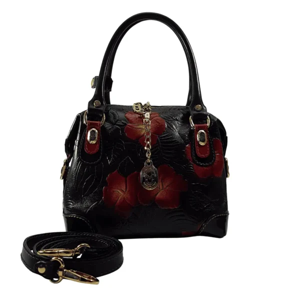 花柄の黒い牛革ハンドバッグ