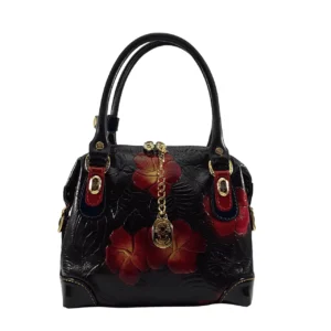 leather-bag-handbah-black-flowers-正面 花柄の黒い牛革ハンドバッグ