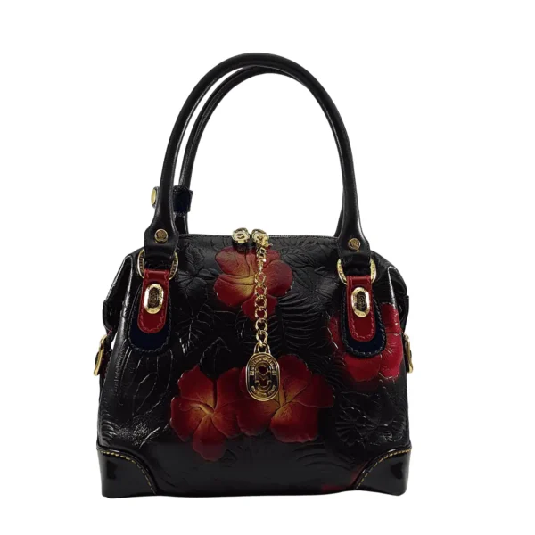 花柄の黒い牛革ハンドバッグ