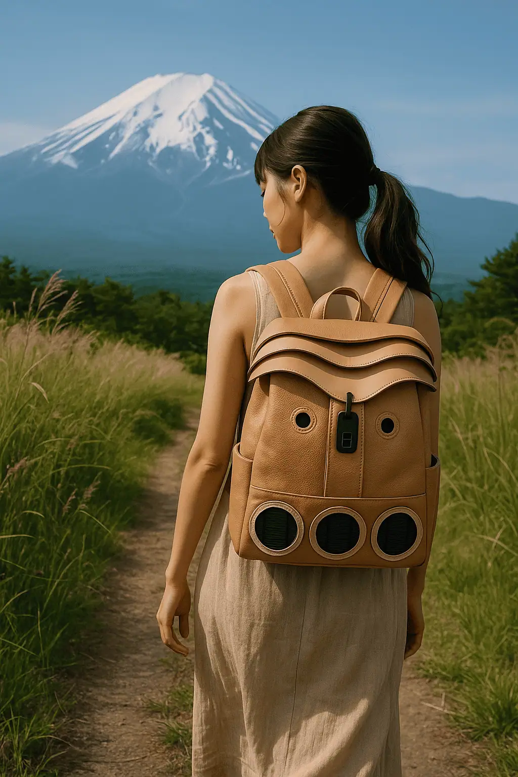 赤い革のバッグを手に持ち、写真にポーズをとる女性